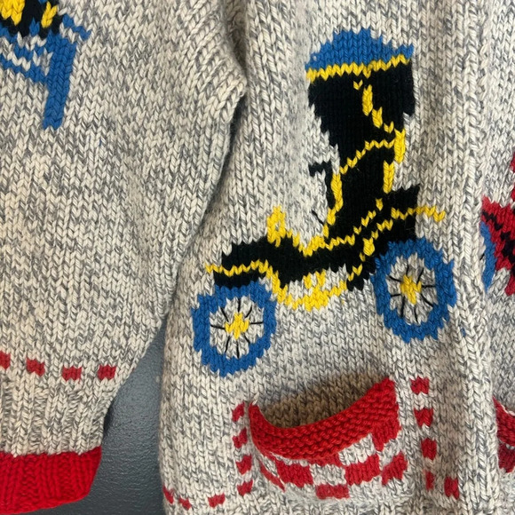 XXL cowichan handcrafted wool sweater with a “transportation” theme- incredible - Picture 6 of 15
